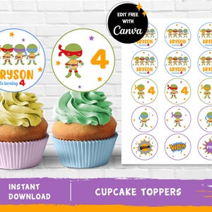 Puede incluir: Toppers de cupcake imprimibles con personajes de las Tortugas Ninja. Los toppers incluyen una tortuga verde, roja, azul y naranja, así como un número 4. Los toppers también incluyen el texto "BRYSON cumple 4 años".