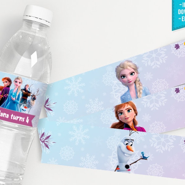 Frozen Water Bottle Label Frozen Birthday Party Package Anna Elsa Olaf Princess Snow - INSTANT DOWNLOAD - Editable Text