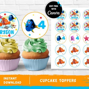 Finding Nemo Toppers Finding Nemo Cupcake Finding Nemo Decoration Dory Kids Birthday Ocean Party - INSTANT DOWNLOAD Editable Text