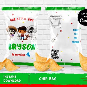 May include: Printable chip bag template featuring a cartoon image of three characters from the movie Coco. The bag is decorated with green, red and yellow stars. The text on the bag reads "Our Little Boy Bryson is turning 4".