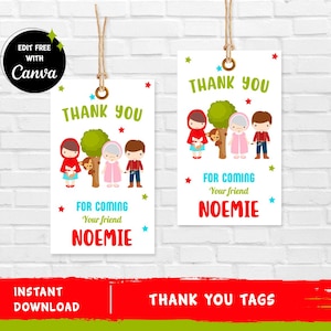 Puede incluir: Dos etiquetas de agradecimiento imprimibles con una niña con capucha roja, un niño con camisa azul y una mujer con vestido rosa. Las etiquetas tienen el texto "Gracias" y "Por venir Tu amiga Noemie".