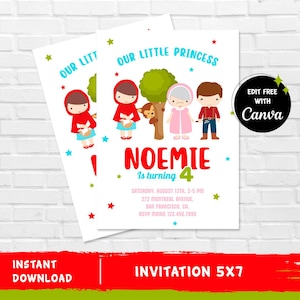 Puede incluir: Una invitación imprimible para la fiesta de cumpleaños número 4 de una pequeña princesa. La invitación presenta un esquema de color rojo, blanco y azul con ilustraciones de una niña con un vestido rojo con capucha, una niña con un vestido azul, una niña con un vestido rosa y un niño con una camisa azul y pantalones marrones. El texto de la invitación dice "Nuestra Pequeña Princesa Noemie cumple 4 años".