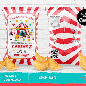 Puede incluir: Plantilla de bolsa de patatas fritas imprimible con temática de circo con fondo a rayas rojo y blanco. El texto dice "¡Venga, venga todo el mundo! El mejor cumpleaños de la Tierra, ¡el 5º cumpleaños de Carter!" La plantilla es editable con Canva.