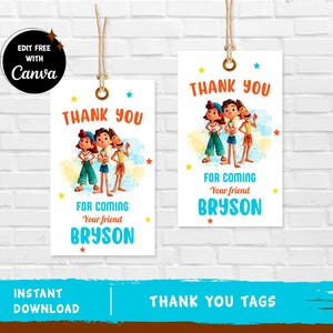 May include: Two printable thank you tags featuring cartoon characters from the movie Luca. The tags are white with blue and orange accents. The text on the tags reads "Thank You" and "For Coming Your Friend Bryson".