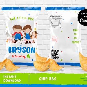 May include: Printable chip bag template featuring a cartoon illustration of a boy and girl dressed as farmers. The text reads "Our Little Boy Bryson is turning 4".