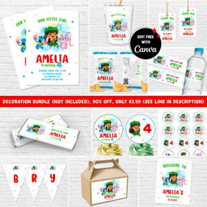 May include: A printable party decoration bundle featuring a girl with blue and pink hair, a Stitch character, and the name Amelia. The bundle includes invitations, cupcake toppers, favor tags, water bottle labels, and a banner. The text "Our Little Girl Amelia is turning 4" is included on several of the items.