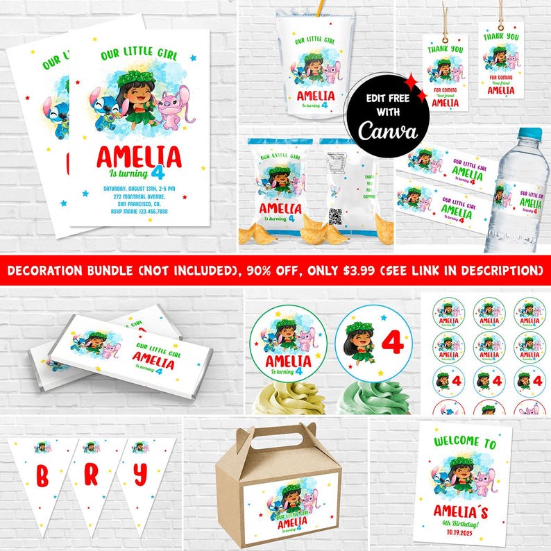 May include: A printable party decoration bundle featuring a girl with blue and pink hair, a Stitch character, and the name Amelia. The bundle includes invitations, cupcake toppers, favor tags, water bottle labels, and a banner. The text "Our Little Girl Amelia is turning 4" is included on several of the items.