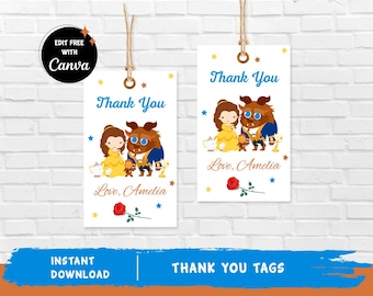 Beauty And The Beast Thank You Tag Belle Favor Tag Princess Thank You Tag Beauty Party Belle Decoration - INSTANT DOWNLOAD - Editable Text