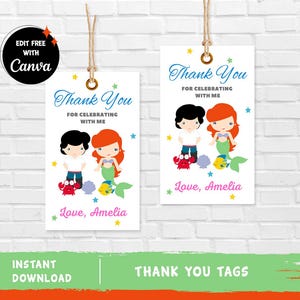 The Little Mermaid Thank You Tag Little Mermaid Favor Tag Ariel Tag Princess Favor Tag Kids Party - INSTANT DOWNLOAD Editable Text