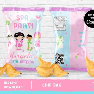 May include: A printable chip bag template for a spa party. The bag is pink and blue with a spa-themed design. It says "Spa Party" and "Angela's 8th Birthday".