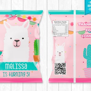 May include: Pink and turquoise party favor bags with a llama and cactus design. The bags say "Melissa is turning 5!" and "Thank you for coming!"