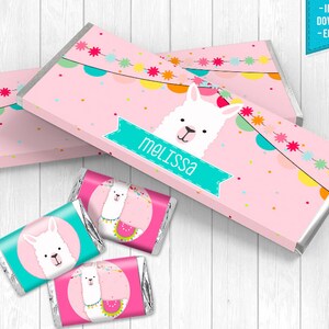 May include: Pink and turquoise llama-themed chocolate bar wrappers with a colorful garland and the name "melissa" printed on the front.