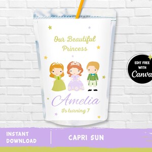 May include: White Capri Sun pouch with a princess theme. The pouch features illustrations of three cartoon characters, the text "Our Beautiful Princess", and the name "Amelia" with the phrase "Is turning 7". Includes a straw.
