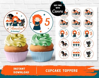 Merida Toppers Merida Cupcake Brave Toppers Brave Party Merida Birthday Kids Party Princess Merida - INSTANT DOWNLOAD EditableText