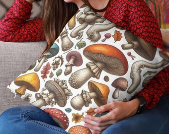 Mushroom Pillow Cottagecore Home Decor Gift, Spun Polyester Square Pillow, Mushroom Decor Vintage Art, Housewarming Gift, Cabin Farmhouse