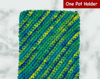 Pot Holder Crochet Double Thick Hot Pad Oven Mitt, Bake Cook Kitchen, Blues, Greens and Yellows Yarn Potholder, Handmade Gift for Moms Dads