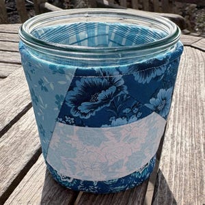 Coffee Cup Insulated Cozy, 0.5 Liter Canning Jar, Patchwork Quilt Blues|Multi Cotton Fabrics