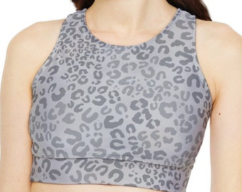 Sports Bra with Snow Leopard Print Design Fully Lined Padded Racerback, Gift for Moms Daughters Sisters Friends and Her