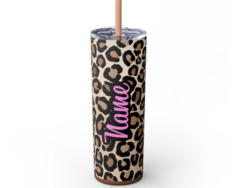 Tumbler with Fun Leopard Print and Personalized Name in Stainless Steel with Straw, 20 ounce, Birthday Gift for Moms Sisters Friends and Her