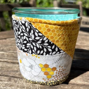 Coffee Cup Cozy insulated Sleeve, 0.5 Liter Canning Jar, Patchwork Bees/Honeycomb Cotton Fabrics