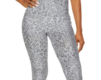 Leggings Capri Yoga Pants with High-Rise Waist in Snow Leopard Print Design, Birthday Gift for Moms Sister Friends Her