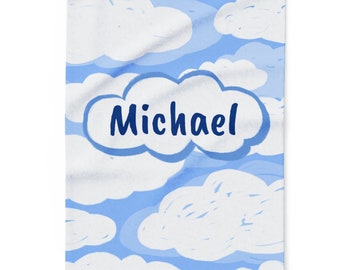 Throw Fleece Blanket Clouds Sky Blue, Personalized Name, Gift for Baby Boys Girls Moms Newborns Toddler