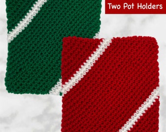 Pot Holder Crochet Double Thick Hot Pad, Oven Mitts, Bake Cook Kitchen, Red/White Green/White Yarn Potholder, Handmade Gift Moms Dads