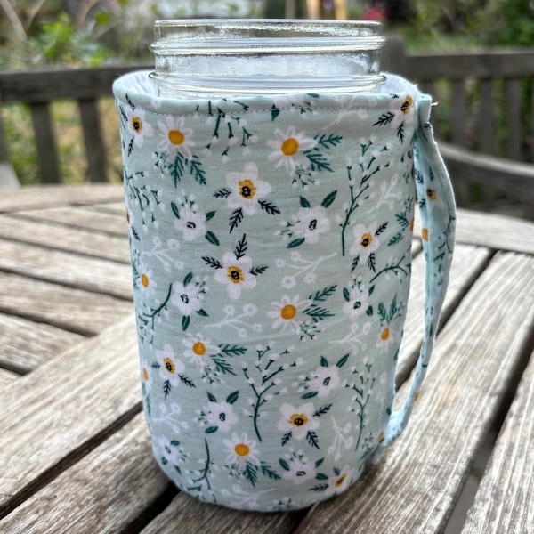 Coffee Cup Cozy Insulated Sleeve, 32 oz Wide Mouth Glass Canning Jar, Several Fabrics