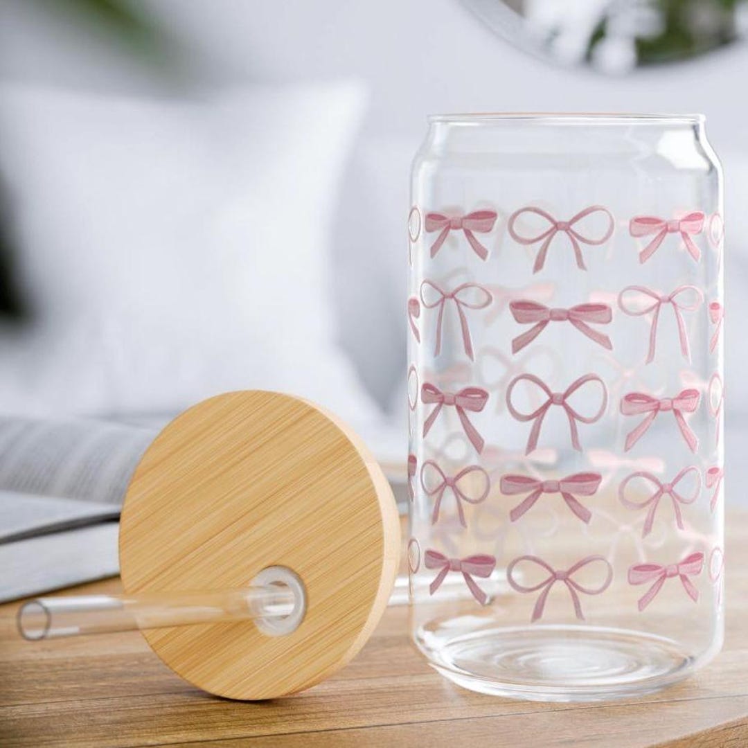 Glass Sipper Cup With Pink Bows and Personalized Name, Iced Coffee ...