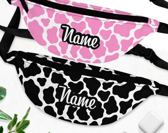Fanny Pack with Personalized Name on Cute Cow Print Design, Custom Birthday Gift for Mom Sister Girlfriend Bridesmaids and Her