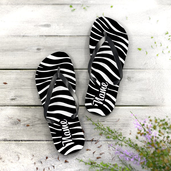 Flip Flops with Zebra Print Design and Personalized Name Shoes, Birthday Gift for Moms Dads Sisters Friends Him and Her