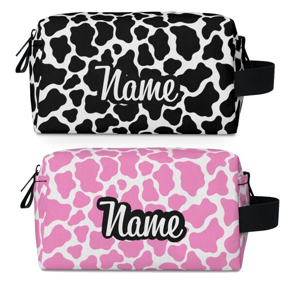 Bag Cosmetic Makeup with Cute Cow Print and Personalized Name Bag, Birthday Gift for Moms Sisters Friends Brides Bridesmaids Friends and Her