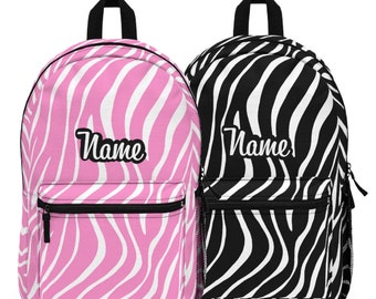 Backpack with Personalized Name on Fun Zebra Print in Pink or Black and White, Gift Bag for Moms Dads Daughters Sons Friends
