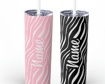 Tumbler with Personalized Name on Zebra Print Design in Stainless Steel with Straw in 20 ounce, Birthday Gift for Moms Sisters Friends Her
