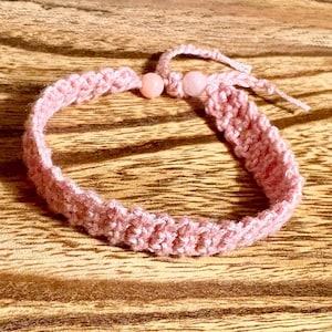 Friendship Bracelet, Handmade Crochet, Coral Salmon Color Cotton Embroidery Floss, Natural Quartz Beads