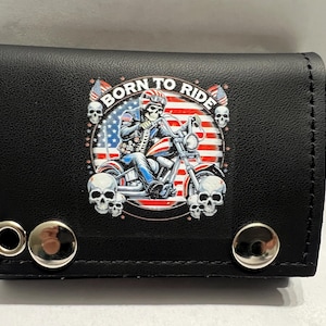 Cartera de cuero con cadena de tres pliegues para motociclistas Born To Ride