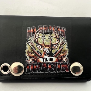 Cartera de cuero con cadena de tres pliegues para motociclistas Dragin' No Bragin Till