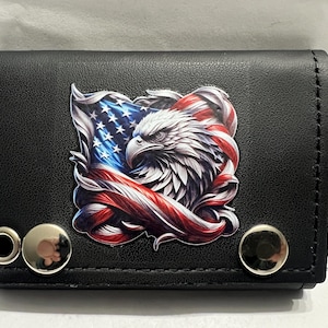 Adler Amerikanische Flagge Biker Trifold Leder Kette Brieftasche