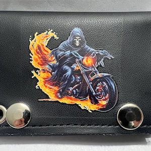 Cartera de cuero con cadena y tres pliegues para motociclista Reaper Flame
