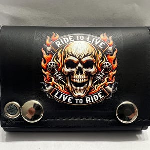 Cartera de cuero con cadena de tres pliegues para motociclistas Ride To Live Live To Ride