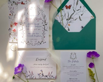 Wildflower Wedding Invitation Set, Hand Drawn Floral Wedding Invitation Suite With Vellum Sleeve