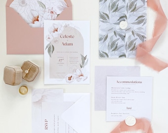 Peony Flowers Wedding Invitations Suite, Floral Invitation Set with Vellum Sleeve and Ribbons