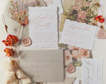 Peach Floral Deckled Edge Wedding Suite, Vintage Invites, Classical Charm, Garden Wedding Invitations, Cotton Wedding Invitations