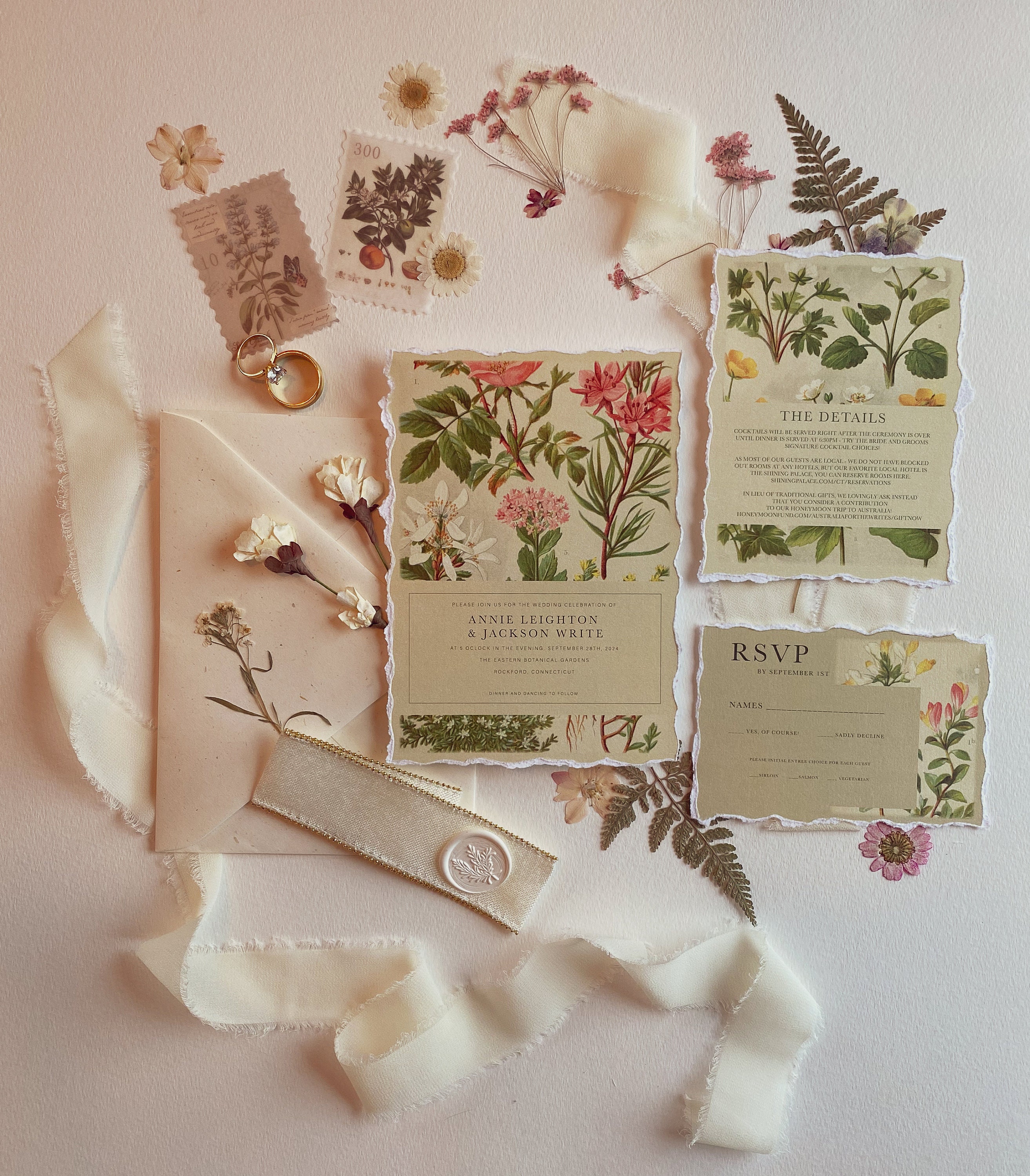 Vintage Botanical Wedding Suite, Deckled Edge Wedding Suite