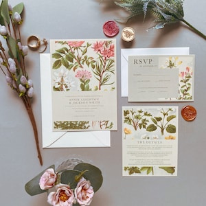 Botanical Vintage Wedding Invitation Suite, Floral Hand Drawn Invites, Wax Seal and Envelopes, Rustic Wedding Invite