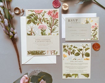 Botanical Vintage Wedding Invitation Suite, Floral Hand Drawn Invites, Wax Seal and Envelopes, Rustic Wedding Invite