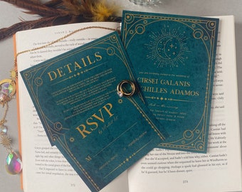 Celestial Wedding Invitation, Sun and Moon Wedding Invite, Watercolor Wedding Invite, Gold Details, Ribbon and Wax Seal Elements