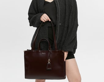 Genuine Leather Shoulder Bag with Laptop Compartment - Dark Brown