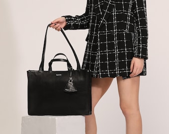 Genuine Leather Shoulder Bag with Laptop Compartment - Black