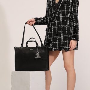 Genuine Leather Shoulder Bag with Laptop Compartment - Black